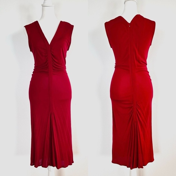 Yigal Azrouel ruched from V-neck sleeveless slinky knit red dress - Picture 1 of 4